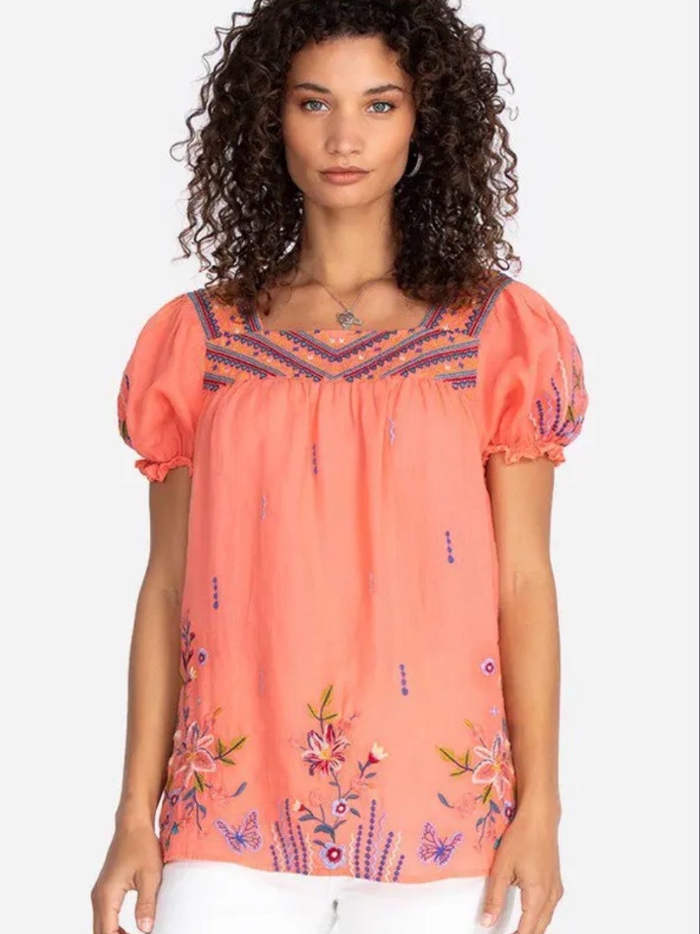 Johnny Was Workshop M Coral Ramie Embroidered Floral Butterfly Boho Tunic Top